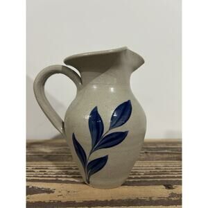 Vintage Williamsburg Pottery Hand Thrown Salt Glaze Cobalt Blue Leaf Pitcher